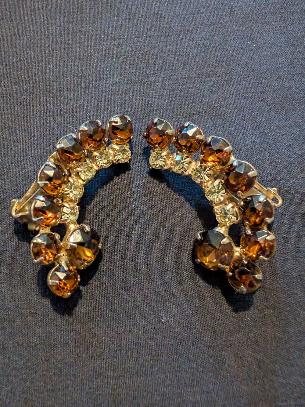 Vintage Crystal Crescent Ear Crawler Earrings in Topaz and Amber